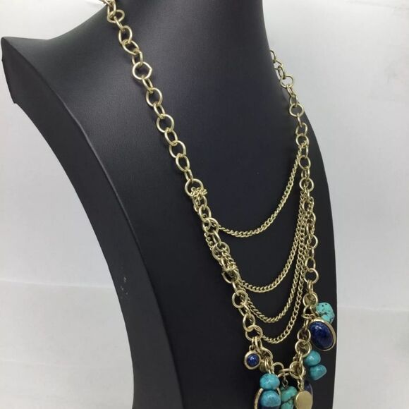 Chico's Goldtone Turquoise Layered Chain Necklace 24" - Picture 4 of 5